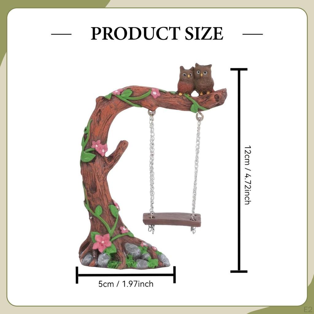 Couple Owls On A Tree Hanging Chair Figurine Aquarium Landscaping Sculpture Miniature Fairy Garden