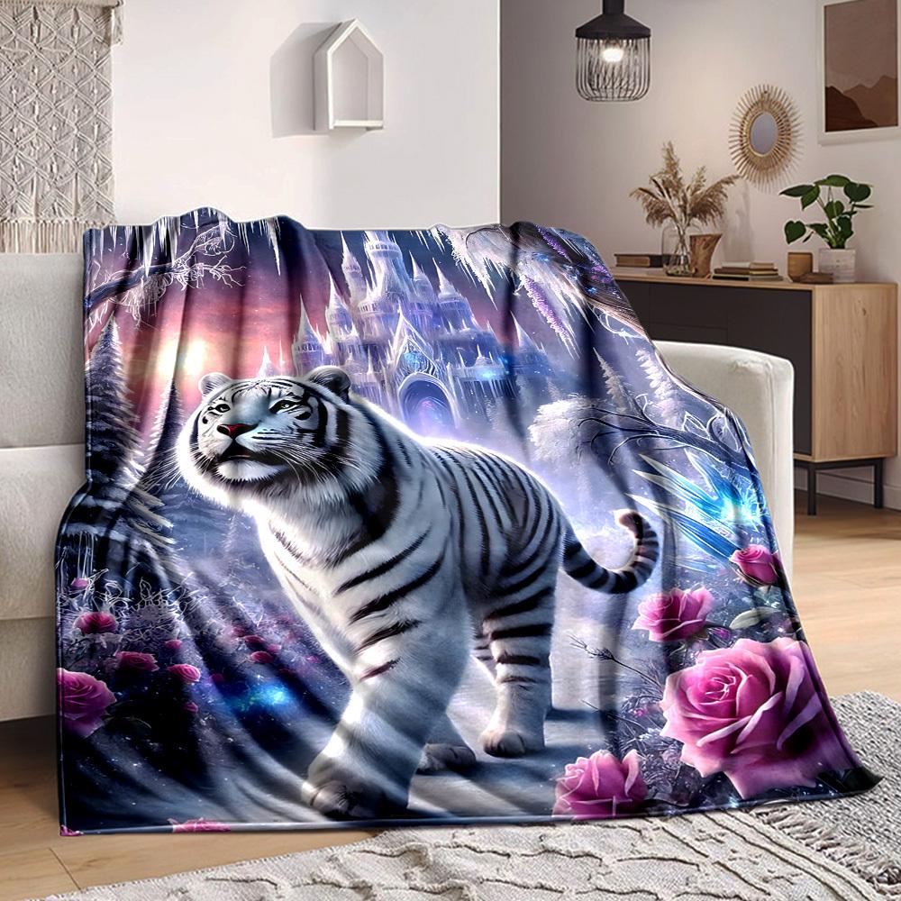1pc Winter Wonderland Roses Tiger Blanket Lightweight Blanket Throw Blanket For Sofa, Bed, Travel, Camping, Livingroom, Office yy251010106