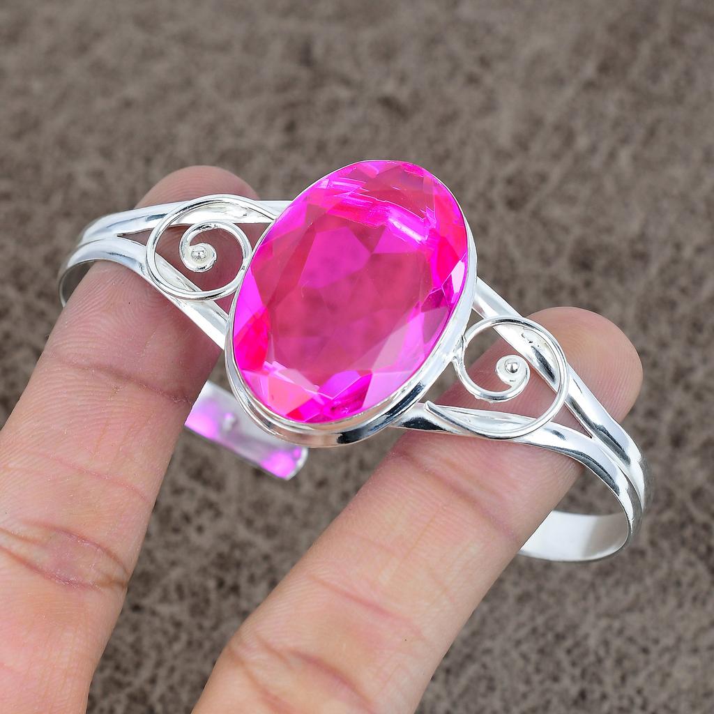 Pink Rubillite Gemstone Handmade 925 Sterling Silver Cuff Bangle Adjustable KKG-221