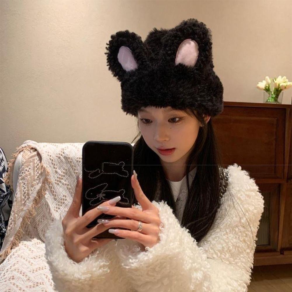 Fluffy Rabbit Ear Beanies Solid Color Winter Outdoor Warm Cap Lightweight Knitted Plush Hat  Women