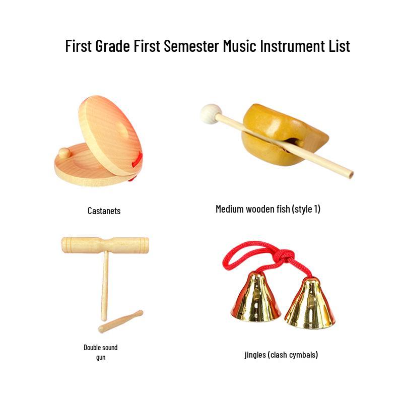 Children's Orff Percussion Instruments: Triangle, Castanets, Maracas, Tambourine, Wood Block, Cymbals