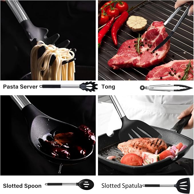 27-piece silicone kitchen utensil set, including spoons, heat-resistant tongs, whisk, and stand