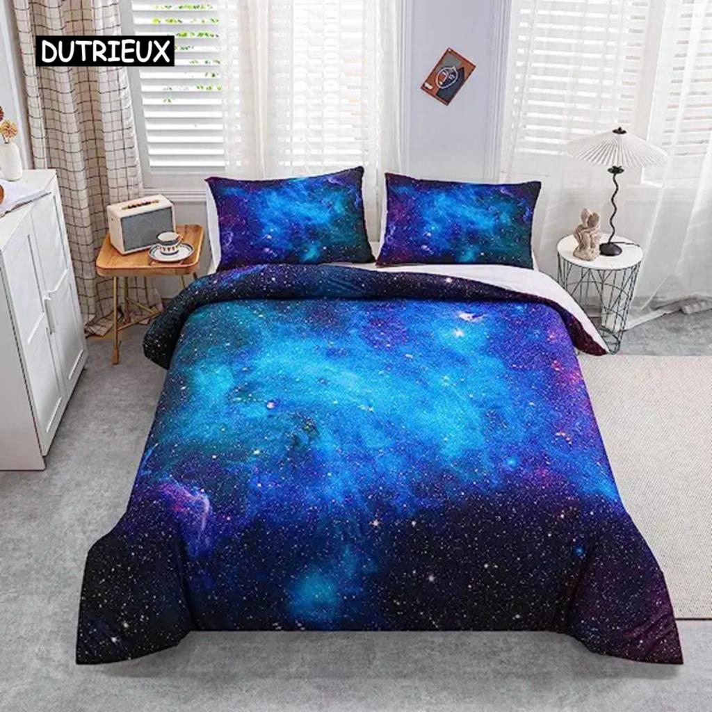 Galaxy Duvet Cover Full Size for Girls Boys Teens Kid Starry Sky Cosmos Comforter Cover Soft Microfiber Zipper Blue Purple Decor
