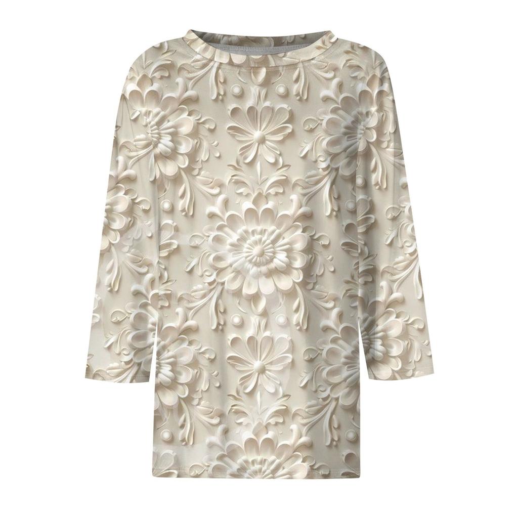 Women's Fashion Casual Round Neck 3/4 Sleeve Loose  Printed T-Shirt Ladies Top