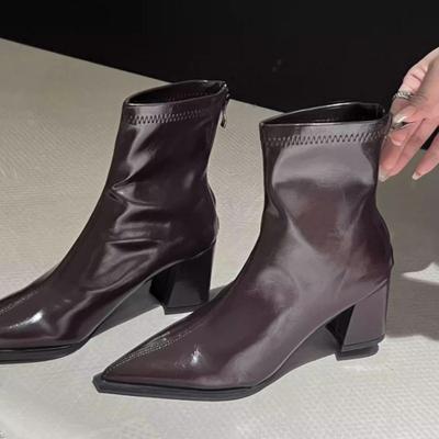 Mittelhohe Absätze Damen Spitzzehen Stiefeletten 2025 Designer Elegante Schuhe Mode Klobige Kleiderpumps Party Leder Zapatillas De Mujer