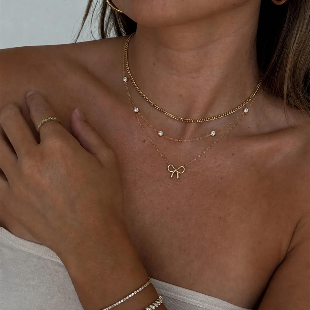 New 1 Pcs/Set Elegant Gold Plated Stainless Steel Chokers Necklace for Women Cute Cubic Zirconia Bowknot Pendant Necklace