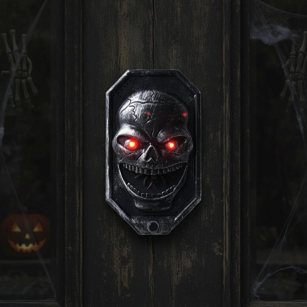 Vokální Halloweenská Kostra Rekvizita Bateriově Napájené LED Svítící Oči Mluvící Duch Zvon Tajemná Místnost