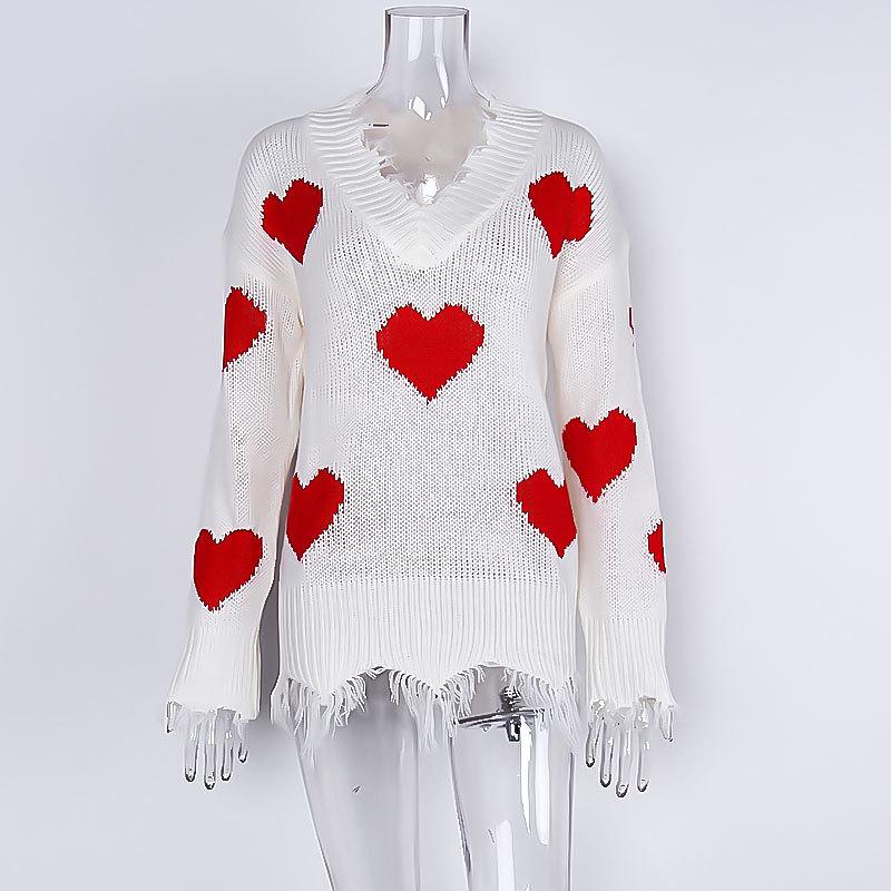 Women's Autumn and Winter Loose Pullover Love Patchwork V-neck Knit Sweater