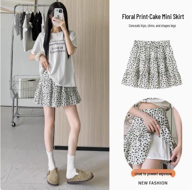 Petite Floral Black Midi Skirt for Women - A-line Puffy Korean Style Skirt Pants for Spring and Autumn. 3XL