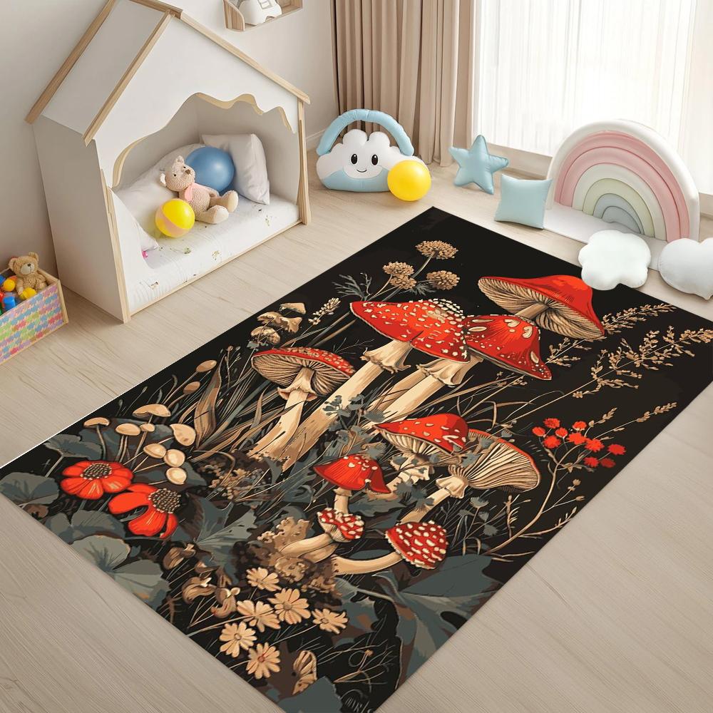 Mushroom Cluster Carpet Rug Black Background Mat Home Decoration Playful Kids Room Soft Floor Mat Children Bedroom Living Room