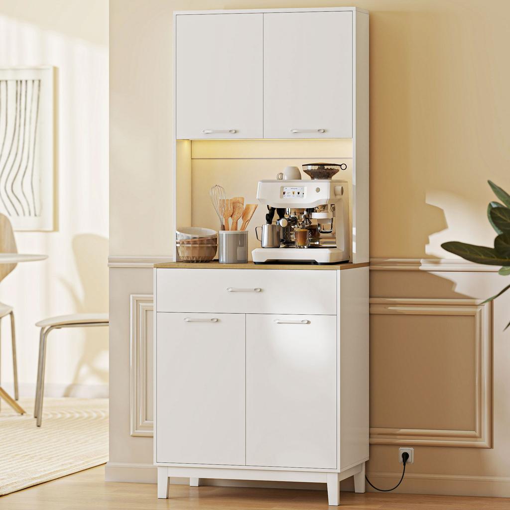 Kitchen Buffet, High, LED Lighting, Charging Station, 4 Doors, Drawer, Worktop, White