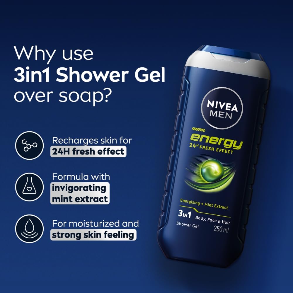 Nivea Männer Energie Duschgel 250ml Für Körper Gesicht Haar Mit Minzextrakten | Erfrischendes Reinigungswaschgel für den täglichen Gebrauch