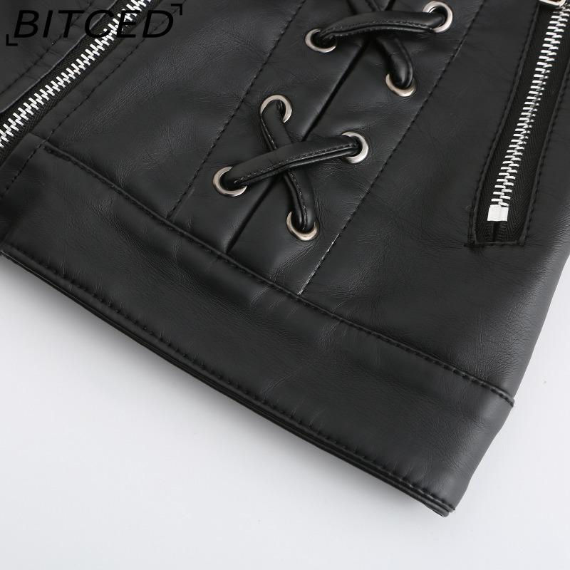 BITCED Fashion Knitted Leather Jacket for Women with Straps Trendy Clothing Casual Jacket