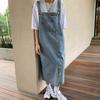 Vestido vaquero con tirantes, holgado, sin cuello, sin espalda, sin mangas, bolsillos laterales, dobladillo dividido, color liso, tirantes ajustables para el hombro, vestido midi para estudiantes