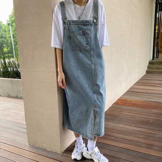 Vestido vaquero con tirantes, holgado, sin cuello, sin espalda, sin mangas, bolsillos laterales, dobladillo dividido, color liso, tirantes ajustables para el hombro, vestido midi para estudiantes