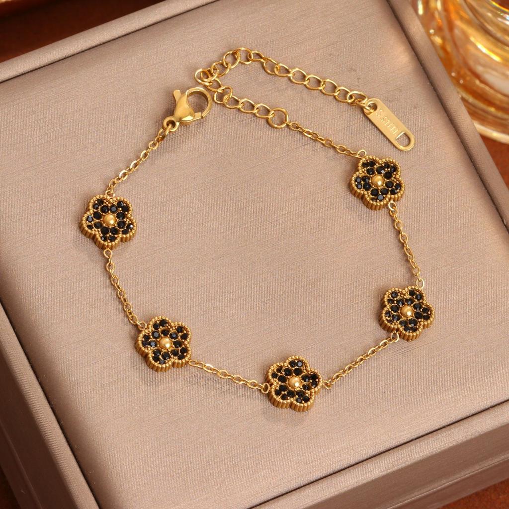 Htpwe Stainless Steel Four-leaf Clover Inlaid Zirconium Small Bracelet Women 18k Gold Couple Holiday Gift Bracelet Party Zircon