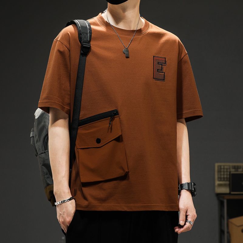 

Американские ретро-пуловеры свободного кроя с буквенным принтом, мужская одежда, вышивка, стильные карманы, вставки, летние повседневные футболки с круглым вырезом, базовые XL