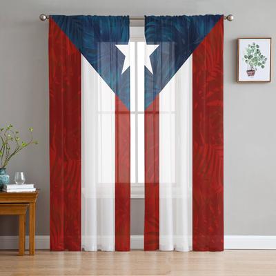 Pentagram Palm Leaves Puerto Rico Flag Chiffon Sheer Curtains For Living Room Bedroom Decoration Window Voiles Tulle Curtain