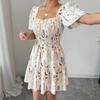 Summer New Elegant Ditsy Floral Mini Dress Square Neck Puff Short Sleeve Smocked High Waist Ruffle Tiered A-Line Casual Party Date Vacation Sundress