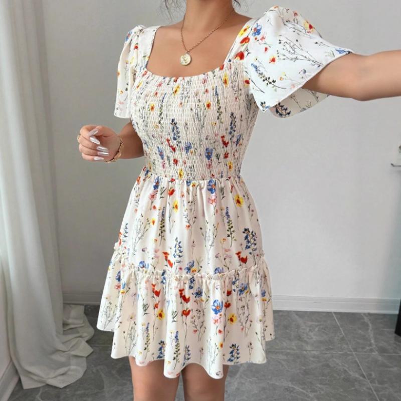 Summer New Elegant Ditsy Floral Mini Dress Square Neck Puff Short Sleeve Smocked High Waist Ruffle Tiered A-Line Casual Party Date Vacation Sundress