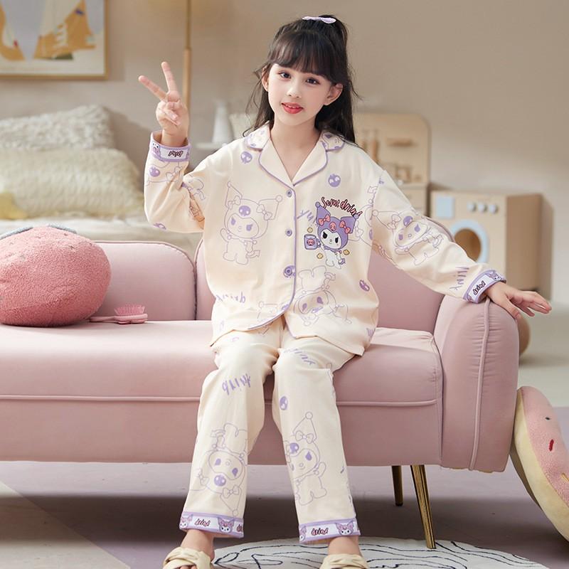 100% Cotton Girls Pajama Set Long Sleeve Cartoon Print Sleepwear Kids Teens Home Wear
