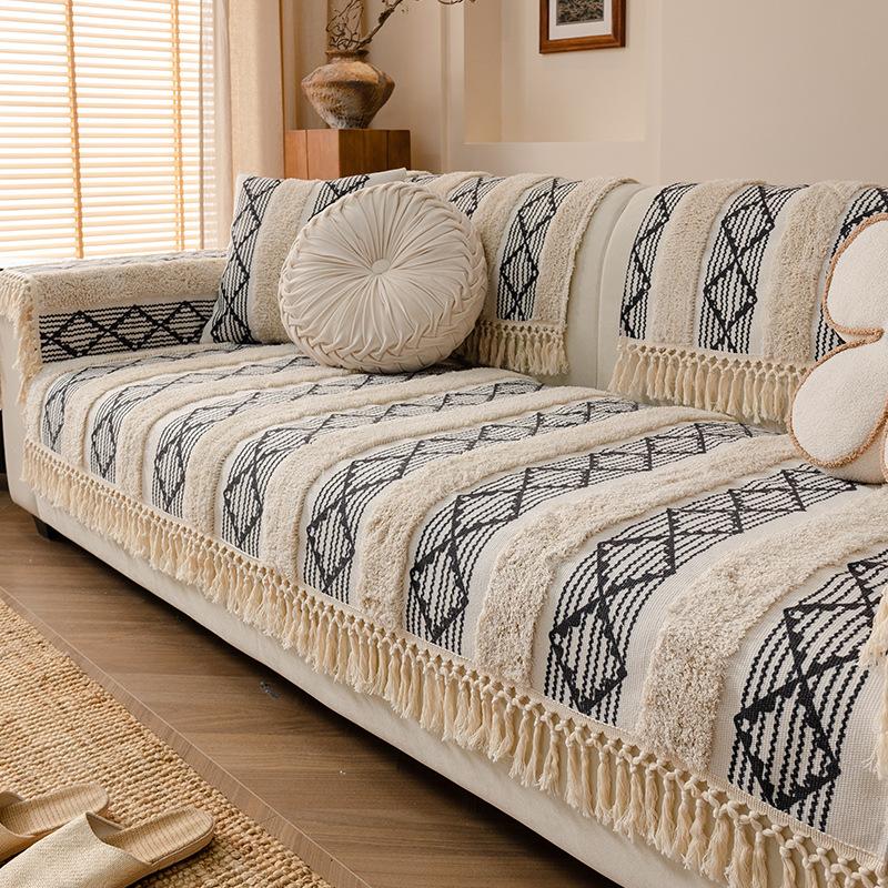 Anti-Cat Scratch Cotton And Linen Sofa Cover All-Inclusive Universal Cover All Seasons Universal Simple Geometric Fringed Sofa Cover Cover