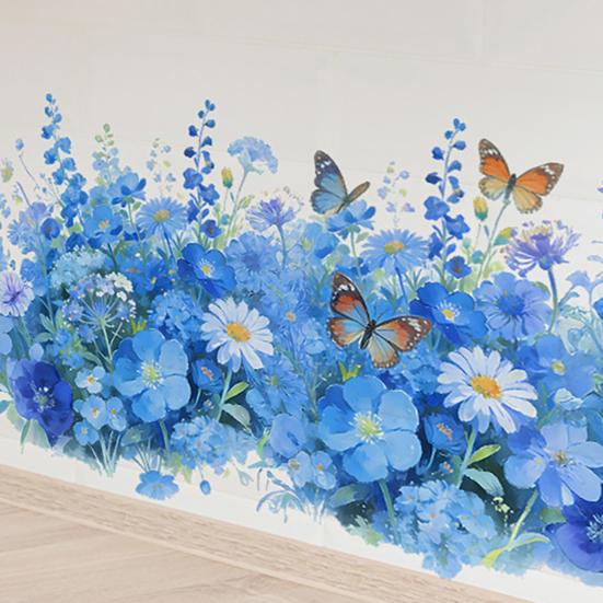 Watercolor Wall Stickers, Blue Flower Butterfly Decals for Bedroom Living Room, Removable PVC Art Decor for Wall Mural