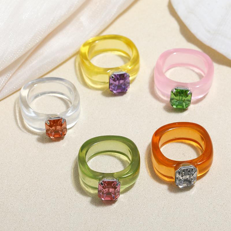 Fashion Simple Inlaid Colorful Zircon Resin Ring Women Sweet Cute Birthday Party Commemorative Jewelry Gift