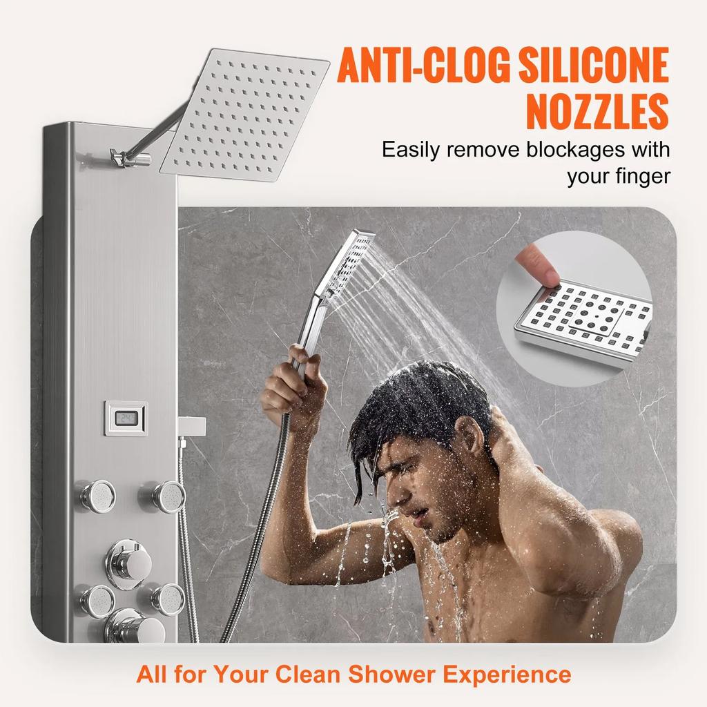 VEVOR Shower Panel System, 6 Shower Modes, Digital Display Shower Panel Tower, Rainfall, 8 Massage Jets, Tub Spout