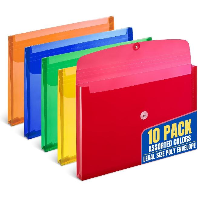 1InTheOffice Poly Envelopes Button & String Closure, Expanding Wallet, Legal Size, Assorted Colors, 10/Pack