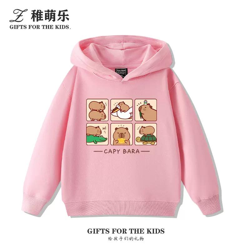 Sudadera con capucha infantil con estampado de capibara, otoño e invierno, para niños y niñas, forrada de felpa, versátil y a la moda.