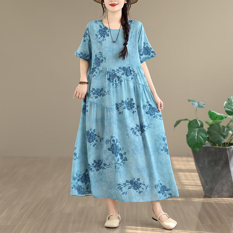 DIMANAF New 2026 Women Plus Size Spring Summer Casual Long Dress Floral Print Cotton Loose Oversize Maxi Beach Sundress
