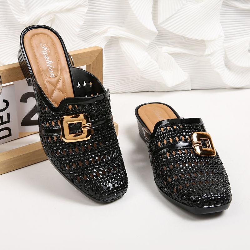 Fashion 2024 New Women Hollow Out  Slippers,Summer Mid Heels,Soft Beach Shoes,Buckle Slides,Outside Footwear,BLACK,APRICOT,RED,Dropship