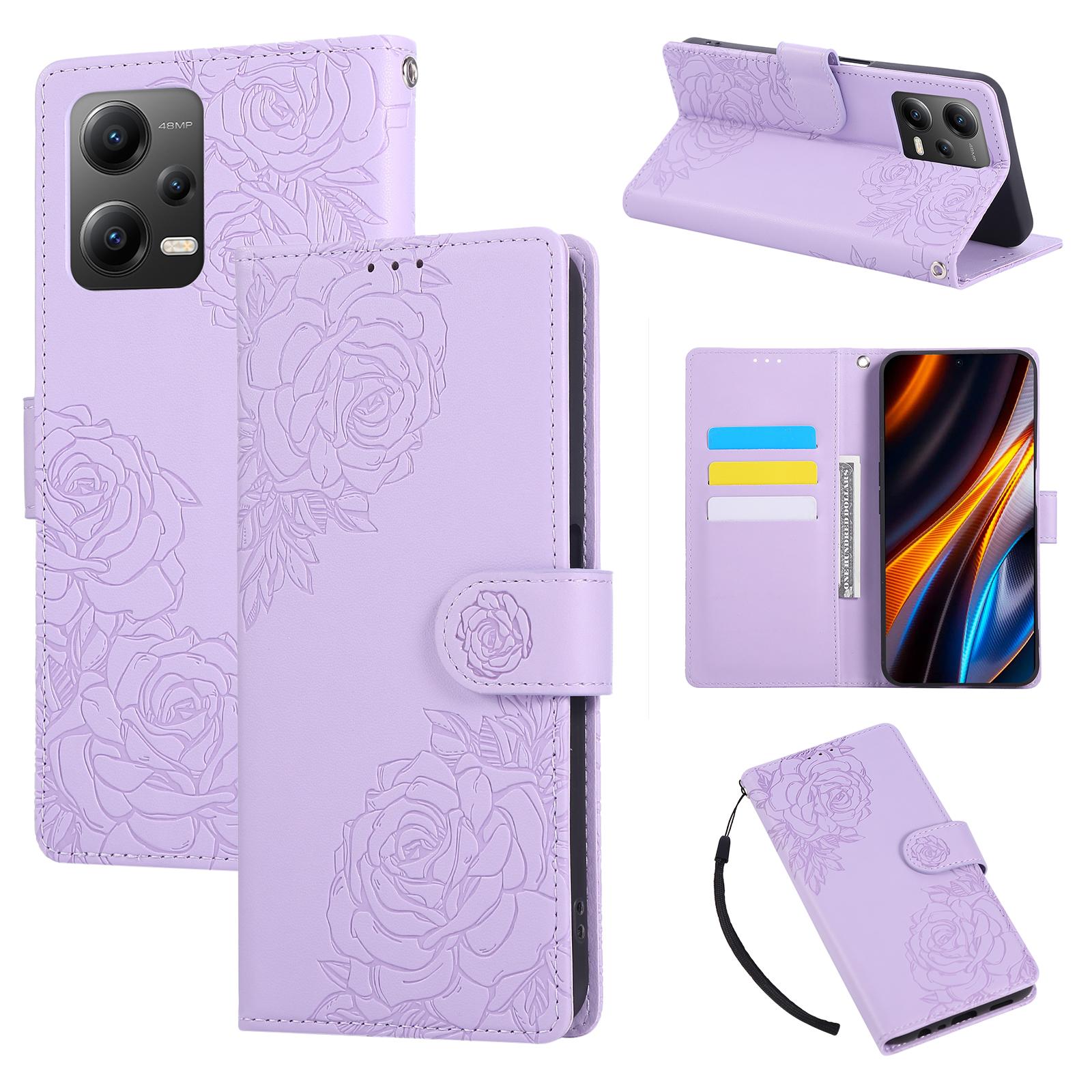 

For Xiaomi Redmi Note 12 5G (Global)/(India)/(China)/Poco X5 5G Case Rose Flower PU Leather Wallet Phone Cover with 3 Card Slots Light Purple