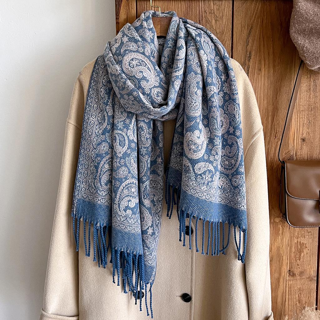Modischer Warmer Kaschmirschal für den Winter - Damen-Fransen-Vintage-Blumen-Ölgemälde-Druck-Pashmina-Dicker Schal & Poncho