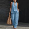 Plus Size Women's Halter V-neck Cotton Linen Blend Casual Two-piece Set