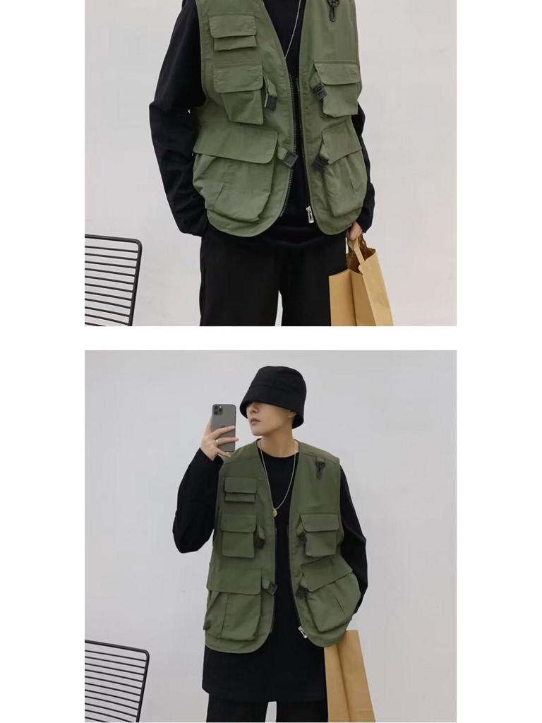 Men's Retro Multi-Pocket Workwear Vest: Spring/Autumn Thin Sleeveless Trendy Gilet