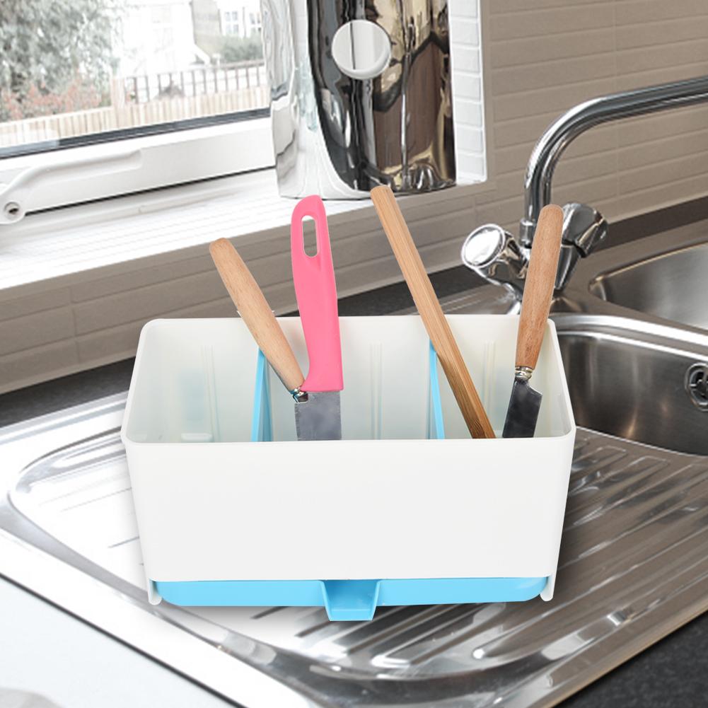 Separated Washable Kitchen Draining Rack Spoon Chopsticks Storage Box Holder Organizer (Blue)