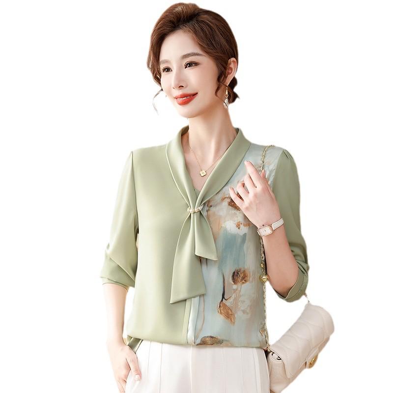 Fashionable Spring V-Neck Tie Shirt for Middle-Aged Women, Long-Sleeve Printed Top