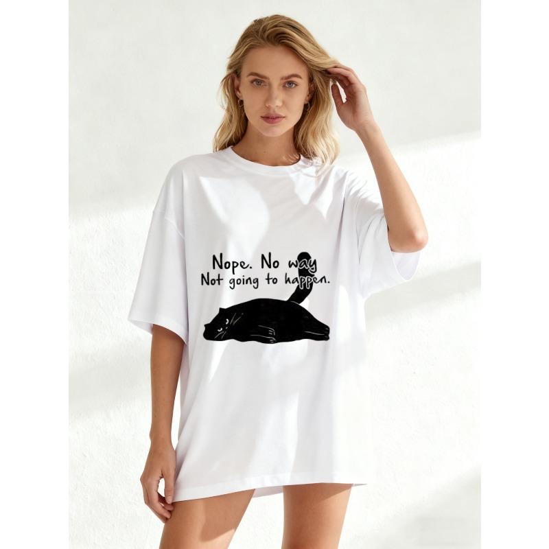Black Oversized T-Shirt With Cat And Text Print For Casual Wear