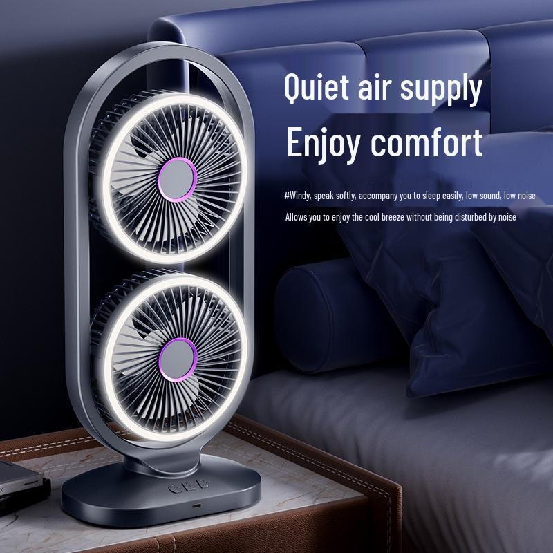 Dual-Head USB Desktop Fan with Light and Five Speeds for Home and Outdoor Use