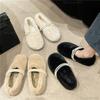 Runde Spitze Damen Mode Fell Ballerinas Flach zum Hineinschlüpfen Damen Bequem Warm Plüsch Loafer Doppelte Perlenriemen Lässig Mokassin