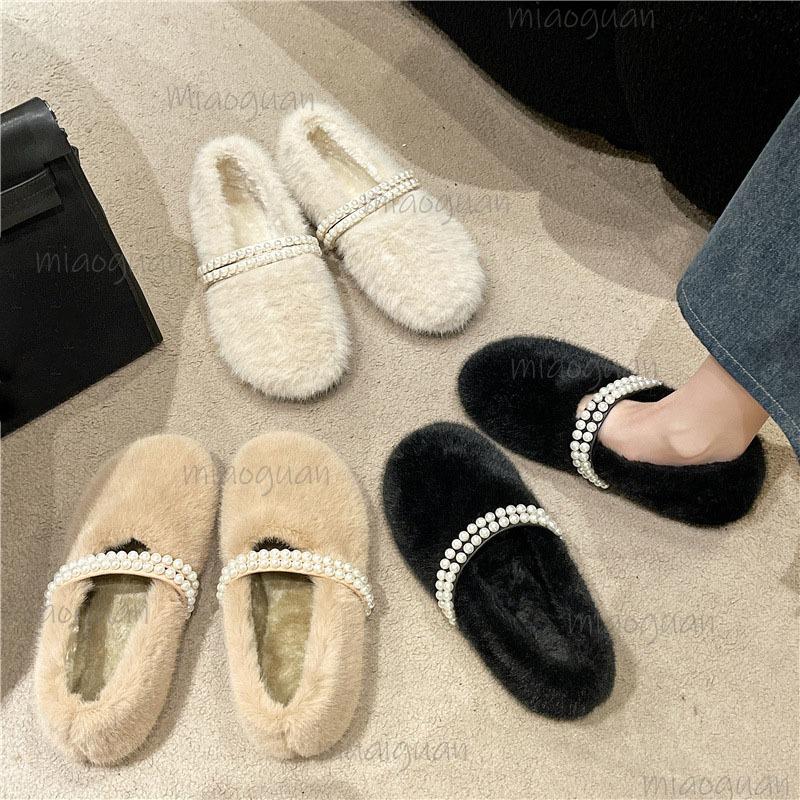Runde Spitze Damen Mode Fell Ballerinas Flach zum Hineinschlüpfen Damen Bequem Warm Plüsch Loafer Doppelte Perlenriemen Lässig Mokassin