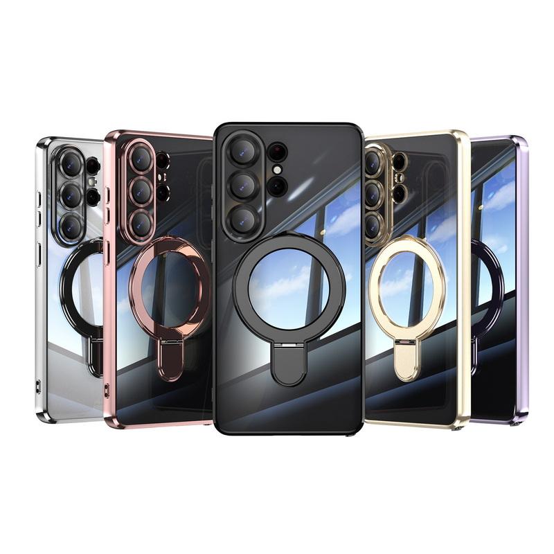 Magnetic Ring Stand Plating Case For Samsung Galaxy S26 Ultra S25 Edge S24 FE Plus Luxury Lens Protector Clear Back Shockproof Soft Silicone Cover