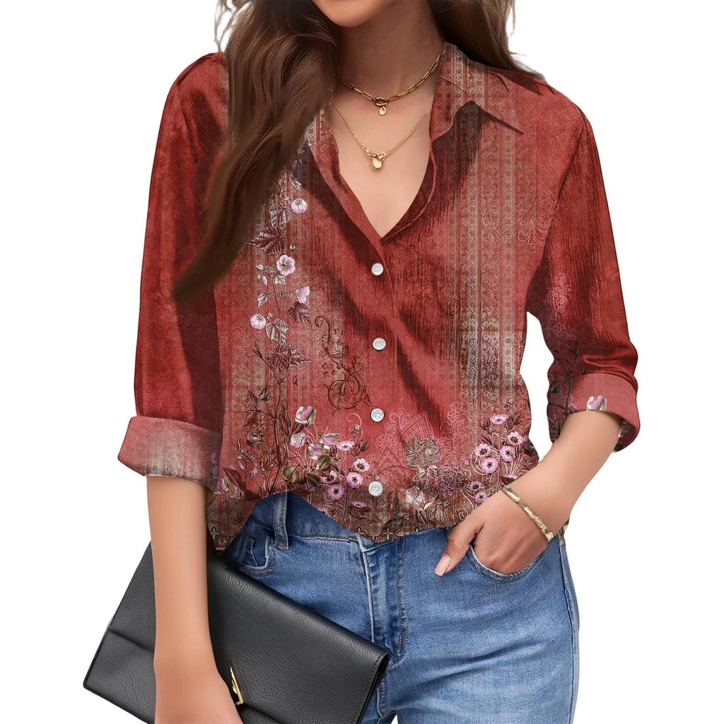 Women's Fashionable Casual Loose Floral Print Long,sleeved Shirt