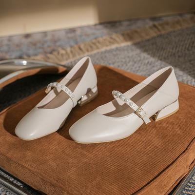 P Small Leather Shoes, Pearl Women's Shoes, Medium Heel, Stiletto Single Shoes, Summer Buckle, Thick Bottom Roman Retro Women's Shoes