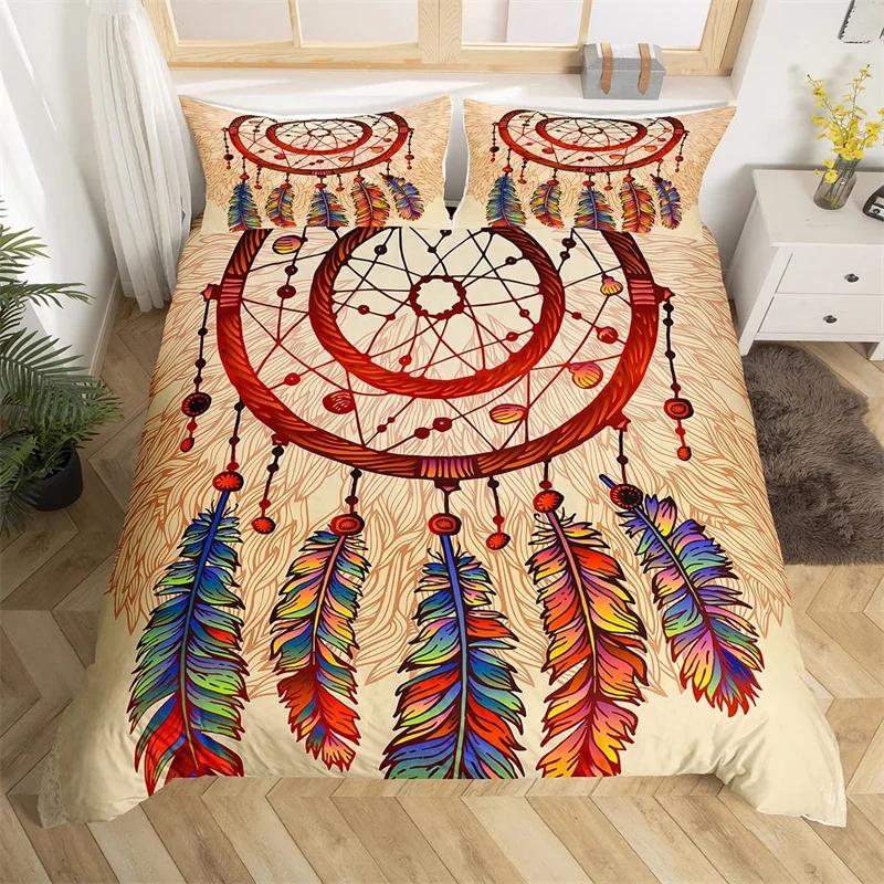 Dreamcatcher Duvet Cover Set Colorful Feathers Bedding Set Ethnic Tribe Twin King Comforter Cover Microfiber Bohemian Bedclothes EU Single(135x200cm)