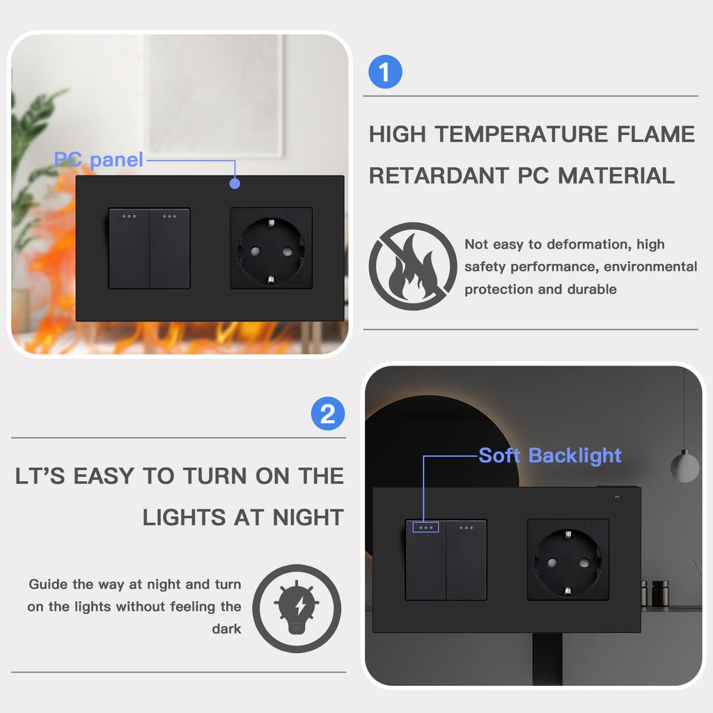 BSEED 1/2/3Gang Mechanical Button Switches 2Way For Stairs Plus EU Sockets USB Type-c Power Ports Matte Plastic Frames Black