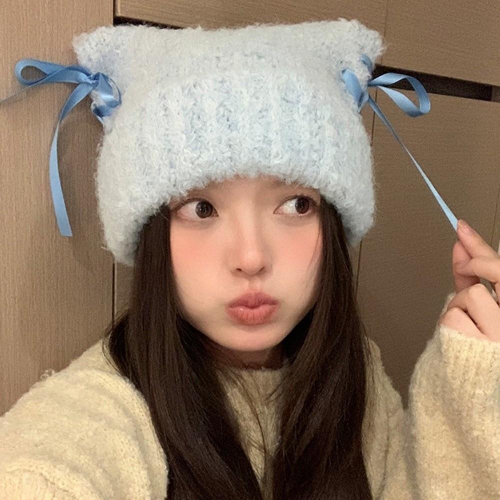 Sweet Bow Ribbon Pullover Hat Windproof Plush Beanie Fashionable Knitted Beanie  for Women Girl