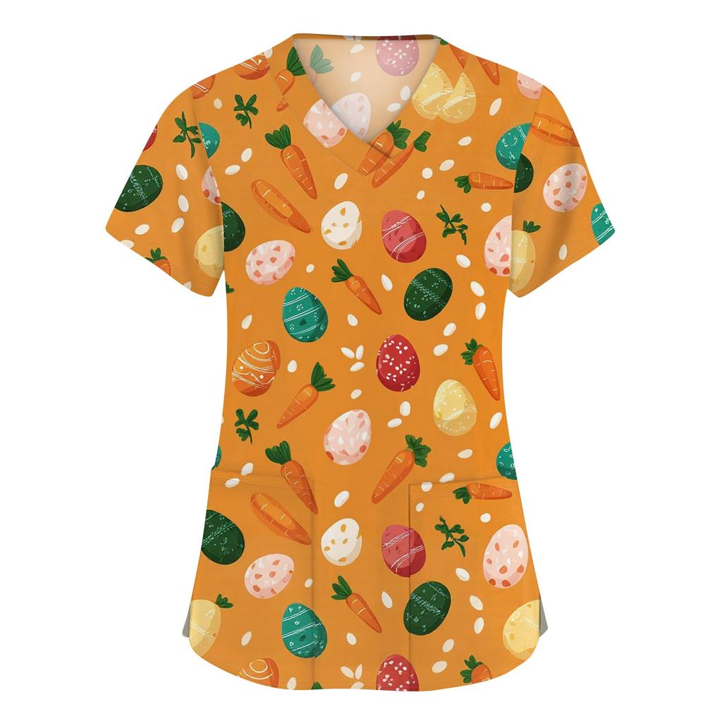 Women's Fashion V-neck Short Sleeve Workwear With Pockets Printed Tops